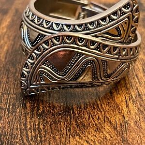 Mexican Type Vintage Silver Cuff Bracelet Bangle Clamper Hinged Brutalist Etched